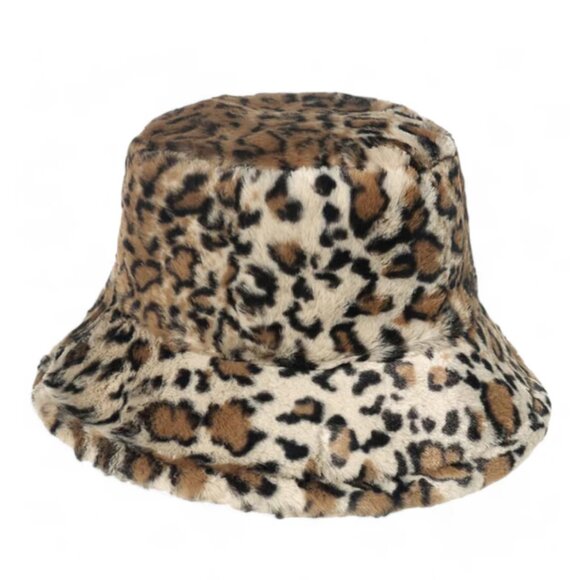🤎 NWT Ivory & Brown Faux Fur Animal Print Bucket Hat | Neutral Y2K Streetwear - Picture 1 of 2
